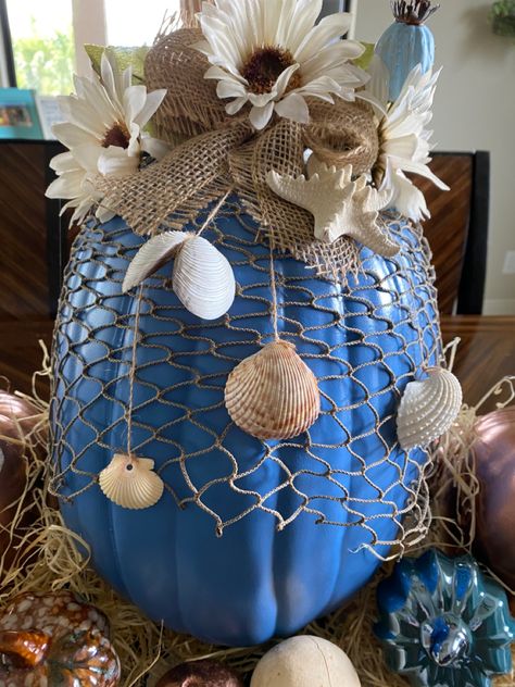 Beach Halloween, Coastal Creations, New York View, Coastal Fall, Fall Beach, Blue Pumpkin, Coastal Holiday, Beach Crafts, Painted Pumpkins