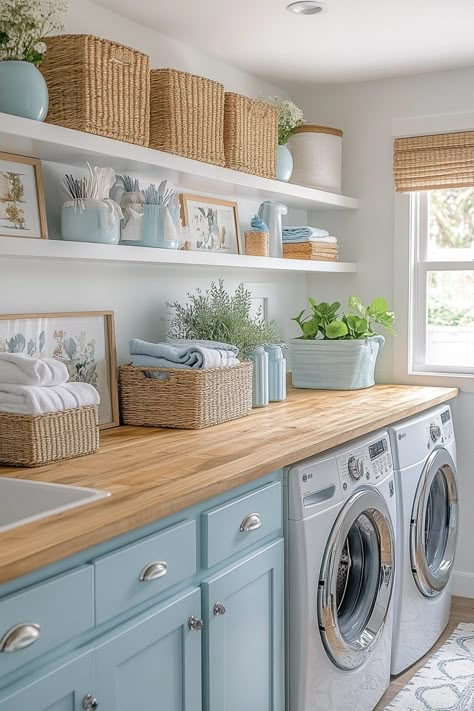 29 Cali Coastal Decor Ideas for a Fresh and Airy Home Aesthetic 24 Coastal Themed House, Costal Country Aesthetic House, Beach Theme Laundry Room, Coastal Farmhouse Laundry Room, Beachy Laundry Room, Fresh Laundry Aesthetic, Office In Laundry Room, Coastal Country Aesthetic, Laundry Room Ideas Blue