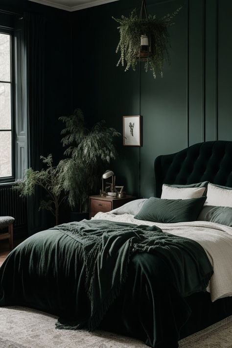 Elevate Your Home with a Dark Green Moody Bedroom Interior Transform your space into a serene sanctuary with deep, rich hues that evoke a sense of intimacy. Embrace the soothing ambiance as dim lighting complements the velvety greens, creating a cocoon-like haven. Unite plush textures like velvet and faux fur for an opulent touch, fostering a cozy escape from the world. Accentuate with metallic elements for a touch of glamour, and punctuate the space with natural accents to maintain balance. Green Moody Bedroom, Dark Green Moody Bedroom, Green Room Ideas Bedroom, 2024 Interior Design Trends, Emerald Green Bedrooms, 2024 Interior Design, Dark Green Rooms, Green Bedroom Decor, Dark Green Walls