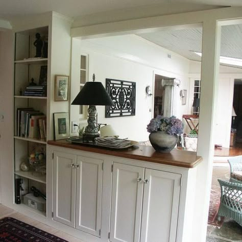 Half Wall Seperation Ideas, Entrance Half Walls, Craftsman Half Wall, Half Wall Opening, Pony Wall Built In Shelves, Half Walls Kitchen, Half Wall Cabinet Built Ins, Entryway Half Wall Ideas, Pony Wall Ideas Entryway