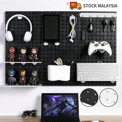 gaming pegboard with controllers - Google Search Ikea Pegboard Ideas Office, Pegboard Gaming, Peg Board Walls, Ikea Pegboard, Diy Pegboard, Wall Shelf Rack, Board Game Room, Tech Room, Boys Desk