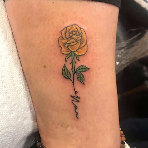 Yellow Rose Tattoo Memorial Mom, Yellow Rose Tattoo Men, Yellow Rose Tattoo, Rose Tattoo With Name, Yellow Tattoo, Yellow Rose Tattoos, Rose Tat, Charm Tattoo, Small Rose Tattoo