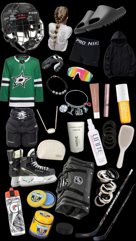 HOCKEY GIRL ESSENTIALS!! Athletic Wear Outfits, Ice Hockey Girls, Hockey Outfits, Hockey Tape, Hockey Arena, Girl Essentials, Hockey Bag, Hockey Girl, Hockey Humor