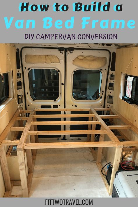 How to Build a DIY Van Conversion Bed Frame - Fit Two Travel Van Build Bed Ideas, Skoolie Bed Frame, Nissan Cargo Van Conversion, Van Ideas Campervan, How To Build A Camper Van, Campervan Bed Frame, Pull Out Van Bed, Fixed Bed Van Conversion, Vanlife Bed Ideas