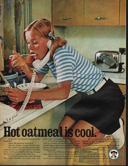 1966 Quaker Oats Ad "Hot oatmeal is cool" | Vintage Magazines ... Hot Oatmeal, Quaker Oatmeal, Quaker Oats, Oats Quaker, Old Advertisements, Retro Advertising, Vintage Food, Retro Ads, Retro Recipes