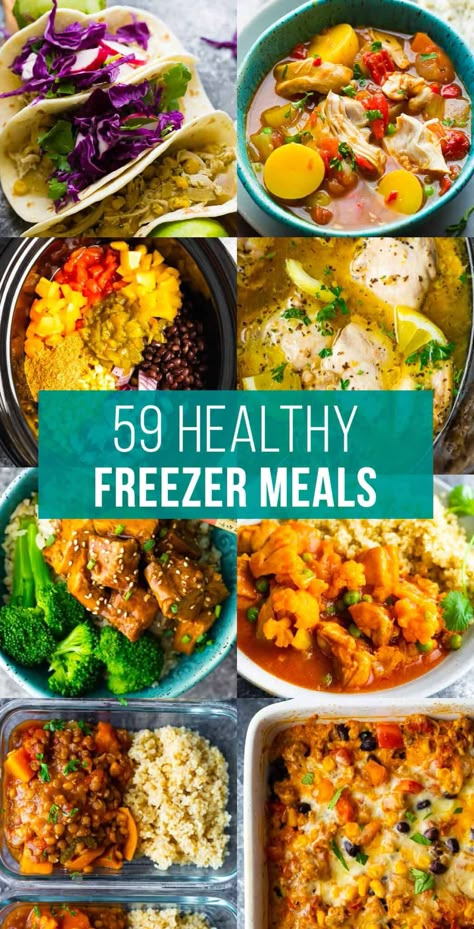 composite image with text: 59 Healthy freezer meals Ree Drummond Freezer Meals, Freezer Meals High Protein, Heart Healthy Freezer Meals, Low Calorie Freezer Meals, No Cook Freezer Meals, Healthy Meals To Freeze, Freezer Meals Healthy, Simple Freezer Meals, Weight Watchers Freezer Meals