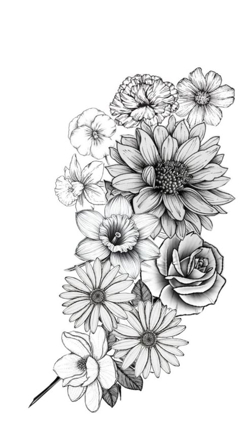 Sunflower And Lily Tattoo Half Sleeves, Floral Tattoo Design Upper Arm, Womens Filler Tattoos, Floral Tattoo Design Black And White, Gladiolus And Chrysanthemum Tattoo, Astor Flower Tattoo, Wildflower Tattoo Sleeve Forearm, Sleeve Flower Tattoos For Women, Forearm Floral Tattoos For Women