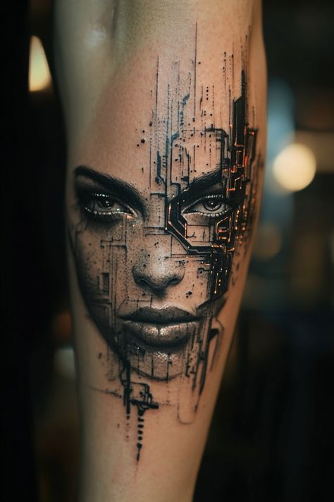 A futuristic tattoo of a woman's face integrated with circuit board elements. Universe Arm Tattoo, Transcendence Tattoo, Cyberpunk Tattoo Design, Sci Fi Tattoo, Cyberpunk Tattoo Design Ideas, Realism Tattoo Ideas For Men, Cyberpunk Tattoos, Thomas Tattoo, Neon Tattoos