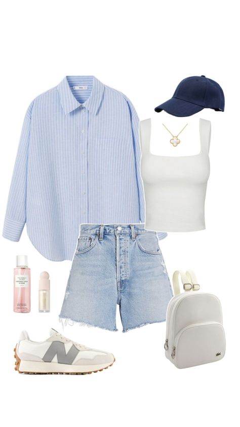 Summer outfit idea, inspiration, fashion, shirt, shorts, golden jewells, new balance #ad #sponsored  shirt - https://amzn.to/4di8Lzs top - https://amzn.to/4d8tQw8 shorts - https://amzn.to/446bOXh shoes - https://amzn.to/3Jr6qVd cap - https://amzn.to/3xIaUUx backpack - https://amzn.to/3WczK9l accessories - https://amzn.to/3xNclkR https://amzn.to/3xJaZYe https://amzn.to/4aKFziJ New Balance Ad, Striped Long Sleeve Shirt Outfit, Oversized Outfit Summer, Minimalist Summer Outfit, Striped Top Outfit, Leather Shorts Outfit, Long Sleeve Shirt Outfits, Outfits With Striped Shirts, Capsule Wardrobe Casual