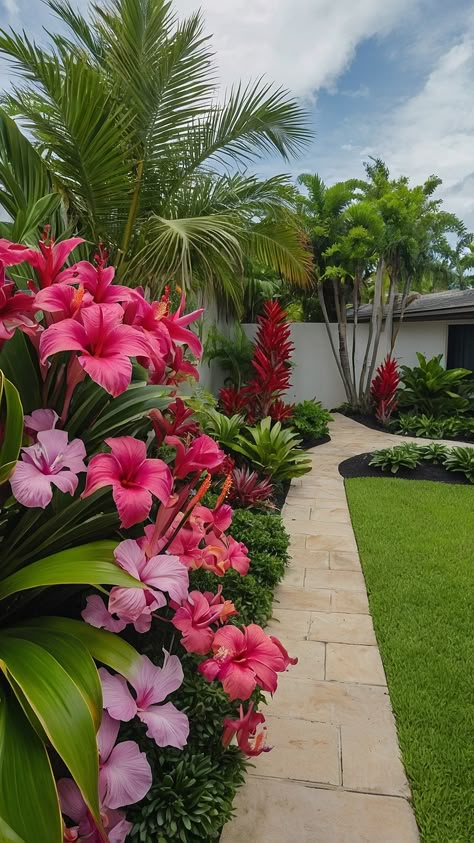 Transforming Your Outdoor Space: 15 Exciting Tropical Landscaping Ideas - Fads Beautiful Gardens Landscape Yard Ideas, Tropical Flowers Garden Landscaping, Tropical Flower Garden Ideas, Unique Front Garden Ideas, Front Yard Landscaping Florida Ideas, Creative Landscaping Ideas, Tropical Garden Inspiration, Diy Tropical Backyard, Hawaiian Backyard Ideas