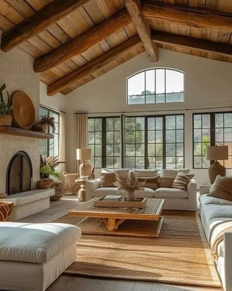 California Neutral Living Room, Country Style Master Room, Living Room Ranch Style House, Boho House Inspiration, Living Room With Lots Of Windows, Neutral Cozy Living Room, Living Room With Big Windows, Western Living Room Ideas, Western Living Room