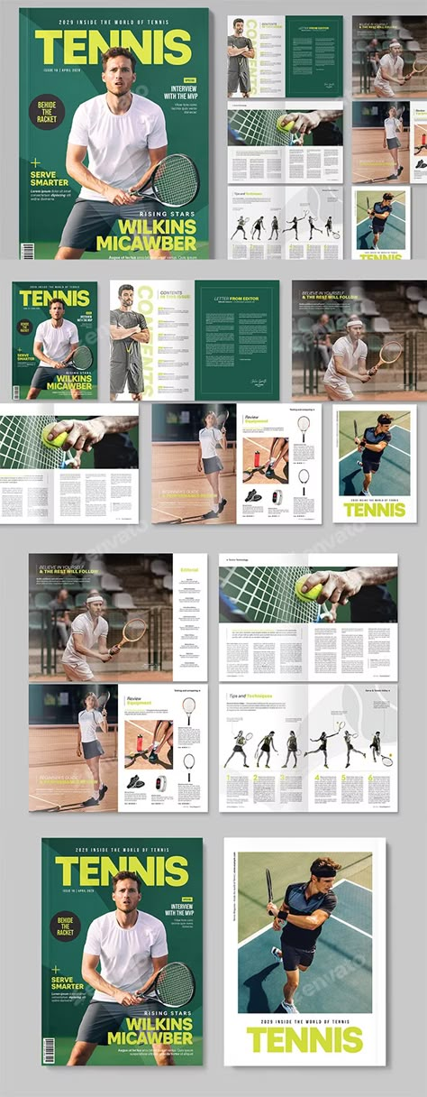 Tennis Magazine, Print Templates | GraphicRiver Tennis Yearbook Headlines, Tennis Website Design, Tennis Magazine Covers, Vintage Tennis Ads, Sports Page Layout Newspaper, Newsletter Design Layout, Tennis Magazine, Booklet Layout, Sport Magazine