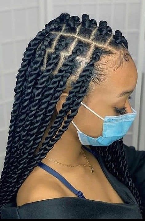 Learn how to do long twists on your own hair by visiting my channel. 😍😍 Twist With Cornrow Styles, Twisted Box Braids Hairstyles, Cute Twist Braids Hairstyles, Big Long Twist Braids, New Hair Braids Styles, Box Twist Braids Black Women, Twist Long Braids Hairstyles, Twists Long Braids, Big Twisting Braids