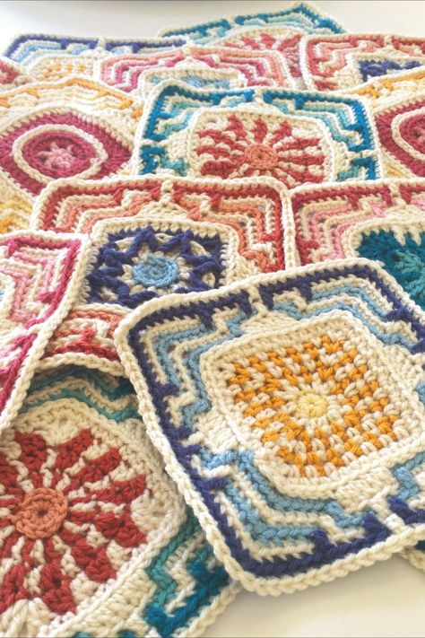 Moroccan Afghan Crochet, Tile Granny Square, Granny Afghan Crochet, Crochet Moroccan Tile, Crochet Moroccan Tile Afghans, Moroccan Tile Crochet Patterns, Crochet Tiles Free Pattern, Embroidery Over Crochet, Fun Crochet Squares