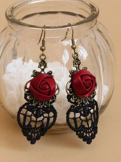 Black Lace Choker, Goth Earrings, Earrings Handmade Dangle, Lace Earrings, 3d Rose, Retro Earring, Satin Roses, Prom Jewelry, Rose Lace