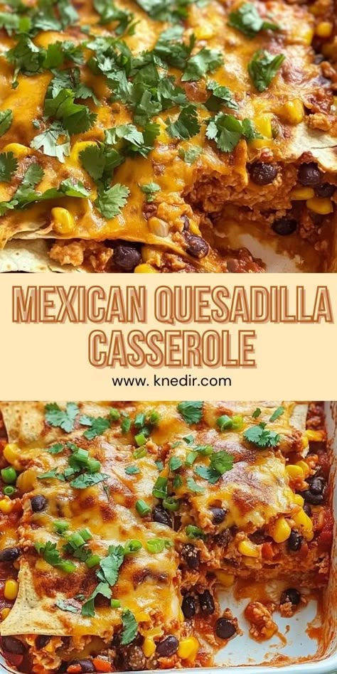 Looking for a simple yet delicious dinner idea? This Cheesy Mexican Quesadilla Casserole is layered with tortillas, ground beef, beans, cheese, and spices for the perfect weeknight meal. 🧀🌶️ It's a family-friendly recipe that’s easy to make and loaded with bold Mexican flavors. Great for meal prepping or feeding a crowd! 👉 Pin now and save this quick recipe for your next taco night! #QuesadillaCasserole #MexicanRecipes #FamilyDinner #EasyMeals #CheesyGoodness #MealPrep Quesadilla Casserole Mccormick, Mccormick Quesadilla Casserole, Mexican Casserole With Corn Tortillas, Mexican Dishes For Potluck, Mexican For A Crowd, Mexican Food Potluck Ideas, Mexican Food For A Crowd, Quesadilla Casserole, Mexican Tortilla Casserole