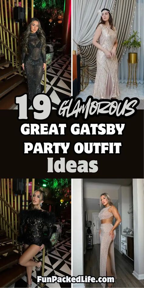 Collage showcasing four Gatsby-inspired party outfits. Top left features a long-sleeve black sequined gown with high neck. Top right shows a champagne beaded dress with art deco patterns and headpiece. Bottom left displays a black feathered mini dress with statement earrings. Bottom right presents a crystal-embellished two-piece set with crop top and high-slit skirt. Ballroom Theme Party Outfit, 20s Mobster Costume Female, Black And Gold Nye Outfit, Womens Gatsby Outfit, 1920s Birthday Party Outfit, Gatsby Christmas Party Outfit, Cocktail Masquerade Outfit, Great Gatsby Dresses Prom, 1920 Speakeasy Fashion