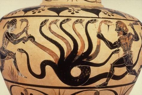 This is a vase estimated to be from 525 B.C. and it depicts the 2nd labor of Hercules. In this labor, Hercules is shown slaying the Lernean hydra. Greek Monsters, Labors Of Hercules, Greek Mythology Tattoos, Ancient Greek Art, Greek Pottery, Greek Vases, Black Figure, Getty Museum, Mythology Art