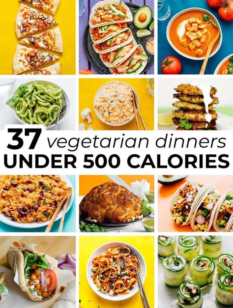 Check out this list of 37 Vegetarian Dinners Under 500 Calories for quick and easy recipe options sure to satisfy hunger. This list of low-cal recipes includes something for every craving! Grams of fat are included as well. Low Calorie Recipes Pescatarian, Healthy Dinner Vegetarian, Recipes Pescatarian, Low Calorie Vegetarian Recipes, Dinners Under 500 Calories, Meals Under 500 Calories, Vegetarian Recipes Videos, Healthy Vegetarian Recipes, 500 Calorie Meals