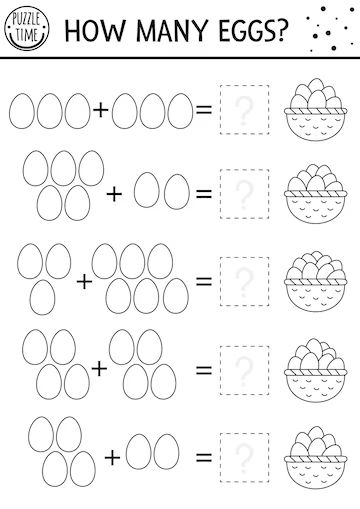 Premium Vector | Easter black and white counting game with colored eggs and basket holiday activity for preschool children spring printable math worksheet addition puzzle or coloring page for kidsxa Easter Math Worksheets, Easter Math Activities, Easter Math, Activity For Preschool, Colored Eggs, Counting Worksheets, Counting Games, Spring Printables, Kindergarten Learning Activities