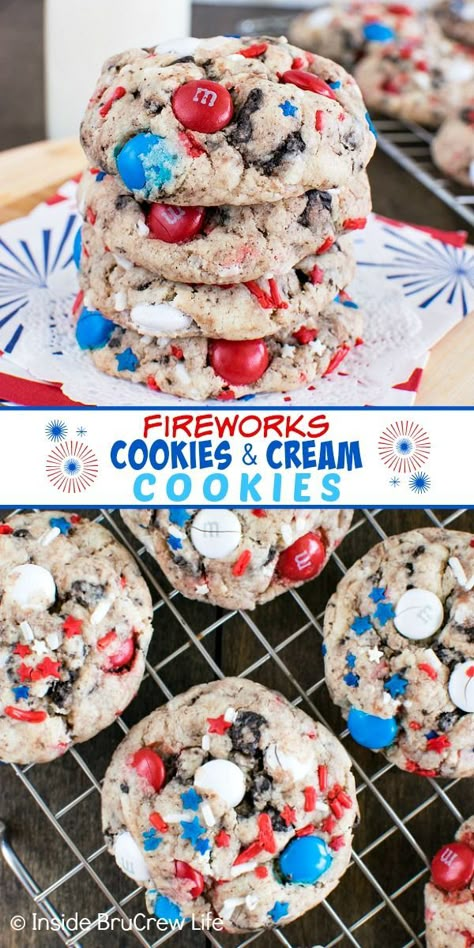 Fireworks Cookies, Cookies Sprinkles, 4th Of July Cookies, Cookies N Cream, Patriotic Desserts, 4th Of July Food, July Desserts, 4th Of July Recipes, Blue Desserts