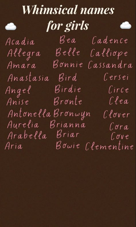 #babynames #baby #names #babygirlnames #girl #babynamesuggestions #whimsical Rp Names Ideas, Names I Adore, Scene Writing Prompts, Whimsical Names, Name Ideas For Characters, Random Names, Sims Names, Mystical Names, Fairy Names