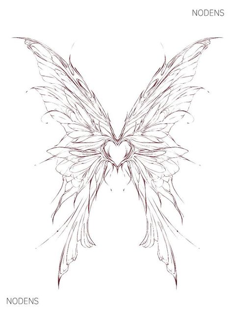 Butterfly With Heart Wings, Cool Tattoos Butterfly, 6 Wings Tattoo, Angel Tattoo On Back For Women, Dragon Wings Sketch, Heart With Wing Tattoo, Tattoo Ideas Butterfly Back, Fairy Back Tattoo Wings, Drawing Fairy Wings