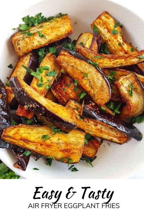 These fantastic air fryer eggplant fries are a fantastic, healthy side dish you can prepare in a matter of minutes! Eggplant, or aubergine, is cut into sticks and coated in olive oil, paprika, cumin, salt and garlic powder before being air fried to perfection. I love to air fry vegetables for healthy weeknight side dishes - it's quick, easy and so simple. This recipe is healthy, vegan, vegetarian, low carb, keto friendly, dairy free, gluten free and nut free, making it suitable for most. Air Fried Aubergine, Healthy Recipes Aubergine, Low Carb Eggplant Recipes Air Fryer, Baked Eggplant Fries Recipes, Zucchini And Eggplant Recipes Healthy, Eggplant Grilled Recipes, Air Fryer Eggplant Recipes Healthy, Eggplant Side Recipes, Fried Aubergine Recipe