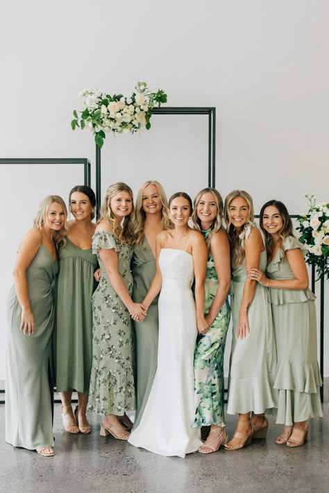 Green Floral Bridesmaid Dresses, Green Floral Bridesmaid, Mixed Bridesmaid Dresses, Simple Wedding Dress Boho, Sage Green Wedding Colors, Sage Bridesmaid Dresses, Sage Green Bridesmaid Dress, Floral Bridesmaid Dresses, Green Wedding Colors