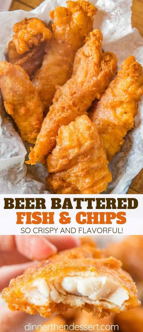 Beer Battered Fish made with fresh cod filets dipped in seasoned beer batter and fried until golden brown and crispy, EASY to make and ready in only a few minutes! #fish #fishandchips #friedfoods #fry #cod #crispy #dinner #cooking #dinnerthendessert #FishRecipes Beer Battered Fish And Chips, Battered Fish And Chips, Cod Filets, Beer Battered Fish Recipes, Fish Batter Recipe, Fried Cod, Fish Recipes Baked, Beer Battered Fish, Beer Battered