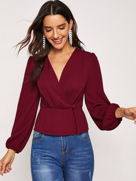 Plunging Neck Surplice Neck Top -SheIn(Sheinside) Surplice Top, High Low Blouse, Plunging Neck, Top Shein, Rock Chic, Elegant Blouses, Plain Tops, Womens Long Sleeve Shirts, Spring Shirts