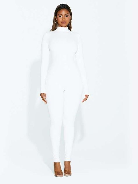 jumpsuits - Clothing Collections | Naked Wardrobe Stretch Long Sleeve Unitard With Thumbholes, Fitted Sheer No-show Legwear, Tight Long Sleeve Unitard, All White Jumpsuit Prettylittlething.com, Womens Playsuits, Night Looks, Shapewear, Playsuit, Shop Now