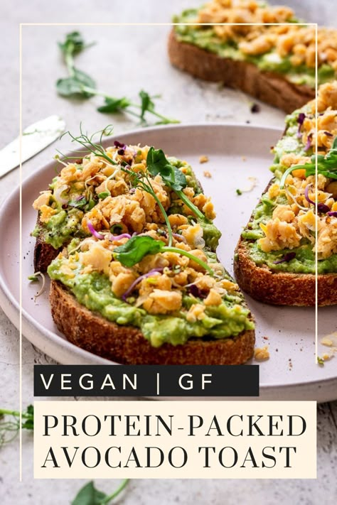 Craving avocado toast but want something more filling? This Protein-Packed Avocado Toast made with chickpeas is high in plant protein and makes the ideal healthy breakfast or lunch. Totally vegan and nut free, it can be made gluten free too. #vegan #avocadotoast #avocado #breakfast #toast #brunch #lunch