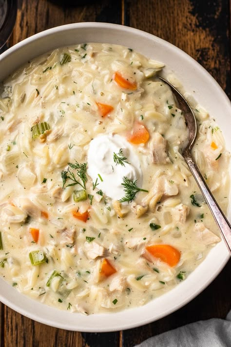 Creamy Chicken Orzo Soup Best Creamy Fall Soups, Healing One Pot Chicken Orzo Soup, Instapot Rotisserie Chicken Soup, White Wine Chicken Soup, Creamy Chicken Orzo Soup Recipes, Chicken Soup With Orzo Recipes, Slow Cooker Orzo Soup, Rotisserie Chicken Orzo Soup, Creamy Chicken And Orzo Soup