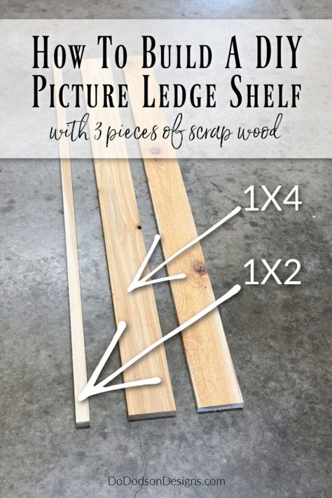 DIY Picture Ledge Shelf Diy Picture Frames Wooden, Photo Ledge Display, Picture Shelf Wall, Wooden Picture Ledge, Diy Picture Ledge, Diy Ledge, Scrap Wood Project, Build Shelves, Diy Wooden Shelves