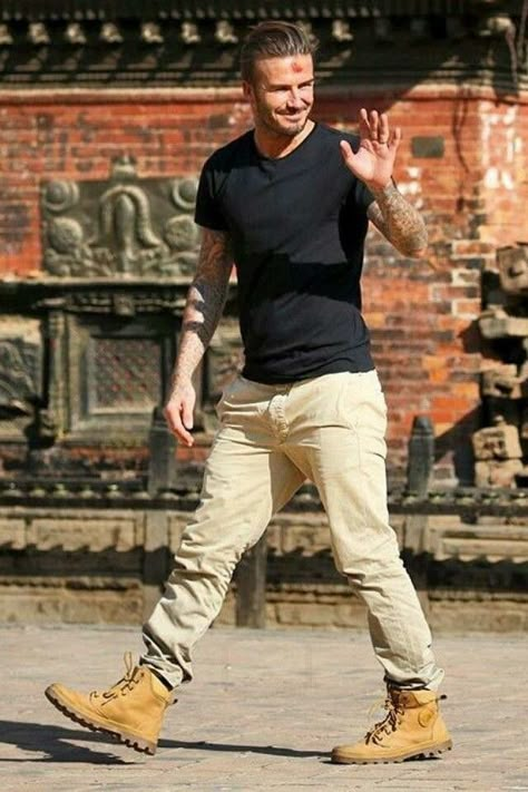 David Beckham David Beckham Shoes, Palladium Boots Mens, How To Wear Timberlands, David Beckham Style Outfits, Timberland Boots Outfit Mens, David Beckham Style, Palladium Boots, Men Styling, Timberland Boots Outfit