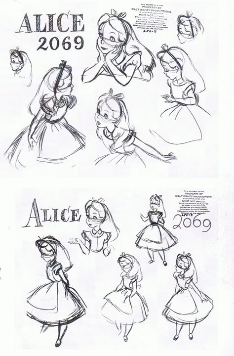 Model sheet for Alice from Disney's Alice in Wonderland Disney Art Style, Character Model Sheet, Disney Concept Art, Disney Sketches, Model Sheet, Arte Sketchbook, Disney Alice, Character Design References, Animation Studio