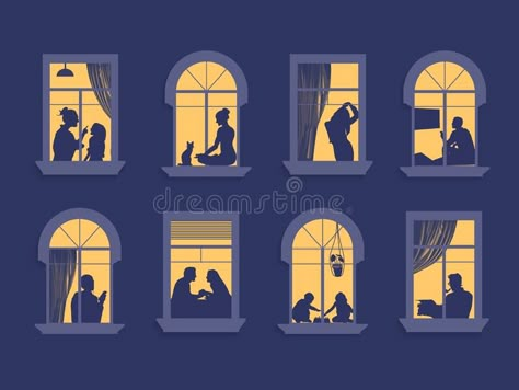 People In Windows Illustration, Silhouette In Window, Window Vector Illustration, Chocolate Illustration Graphics, Window Illustration Drawing, Apartment Illustration, Windows Illustration, Home Illustration Art, Window Apartment