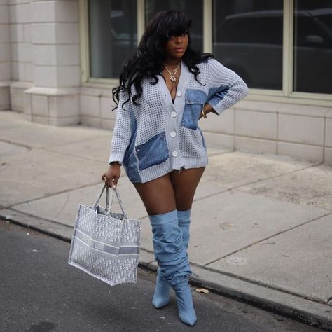 Stafani Milano ⚖️ on Instagram: "Manifest those dreams baby girl…" Plus Size Heels Outfit, Denim Birthday Outfit Black Women, T Shirt Dress Outfit Black Women, Denim Thigh High Boots Outfit, Denim Dress And Boots, Outfits With Denim Boots, Baddie Birthday Outfit Ideas, Denim Outfits Black Women, Denim Boots Outfit Black Women