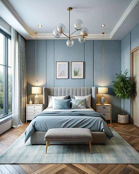 Modern bedroom design with soft blue colors #softblue #softcolors #interiordesign #homedecor #modernhouse #interiordesignideas Color Palette Bedroom Blue, Bedroom Light Color Ideas, Bedroom Color Psychology, Blue And Purple Bedroom Decor, Blue Wall Room Ideas Bedrooms, Blue Theme Bedroom, Colour Schemes Bedroom, Pale Blue Bedroom, Coastal Blue Bedroom