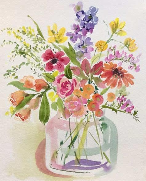 Watercolor Bouquet Of Flowers In Vase, Simple Flower Vase Painting, Vase Of Flowers Watercolor, Watercolour Flowers In Vase, Watercolor Vase Tutorial, Watering Can Watercolor, Flower Drawing In Vase, Watercolour Vase Of Flowers, Vase Of Flowers Illustration