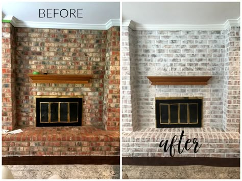 Redoing A Fireplace Ideas, How To Paint A Fireplace Brick Walls, Brick Update Fireplace Makeovers, Paint Behind Fireplace, Fireplace Red Brick Makeover, Brick Whitewash Fireplace, Brick Fireplace Limewash, White Washed Brick Fireplace With Mantle, Brick Fireplace Accent Wall Color