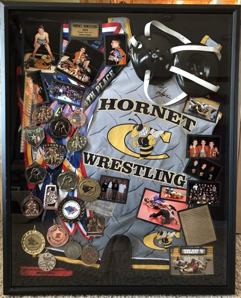 Senior Shadow Box Ideas Sports, Wrestling Shadow Box Ideas, Senior Night Gift Ideas Wrestling, Wrestling Graduation Party Ideas, Wrestling Locker Decorations, Senior Night Wrestling Ideas, Senior Wrestling Gifts, Wrestling Senior Picture Ideas, Senior Wrestling Pictures