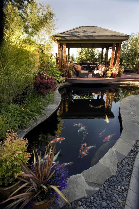 I like that the side of the gazebo facing the water has no walls. You could just dangle your feet. Koi Pond Ideas, Koi Pond Design, Fish Pond Gardens, Kolam Koi, Garden Pond Design, Small Pond, Pond Water Features, Pond Landscaping, Koi Ponds