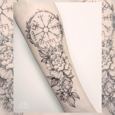 angélique on Instagram: “🌷Viking flowers🌷 . . . . . #tattoo #tattoos #tatts #tatuaje #tatouage #inkedgirl #fleurs #flowers #flowerstagram #flowertattoo…” Womans Viking Tattoo, Floral Viking Tattoo, Viking Tattoos Ideas For Woman, Nordic Tattoo For Women, Feminine Rune Tattoo, Viking Arm Tattoos For Women, Norse Flower Tattoo, Viking Tattoo Design For Women, Womens Viking Tattoos