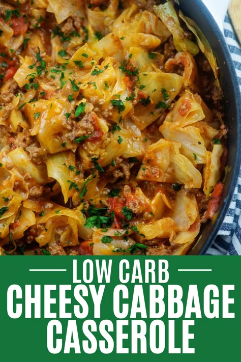 Cabbage casserole in black bowl with blue napkin. Low Carb Meals With Cabbage, Cheesy Cabbage Beef Skillet, Keto Hamburger And Cabbage Recipes, Low Carb Cheesy Cabbage Casserole, Cheesy Ground Beef And Cabbage Skillet, Cheesy Cabbage Beef Casserole, Cheeseburger Cabbage Casserole, Low Carb Beef And Cabbage, Minced Beef And Cabbage Recipes