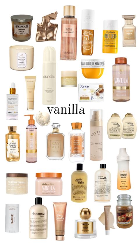 how to smells like vanilla #wishlist #vanilla Vanilla Products Aesthetic, Vanilla Layering Perfume, Vanilla Girl Scents, Vanilla Body Routine, Smelling Like Vanilla, Vanilla Hair Products, Vanilla Sents, Vanilla Wishlist, Vanilla Hygiene Products