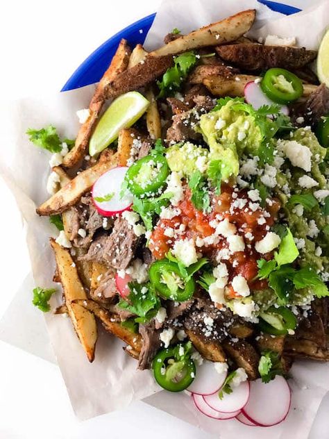 Loaded Mexican Street Fries .. SOOO Addicting - Baked Ambrosia Street Fries, Fries Sauce, Food Truck Foods, Fries Wedges, French Fries Recipes, Mexican Fries, Work Potluck, Fries Recipes, Recipes For Work