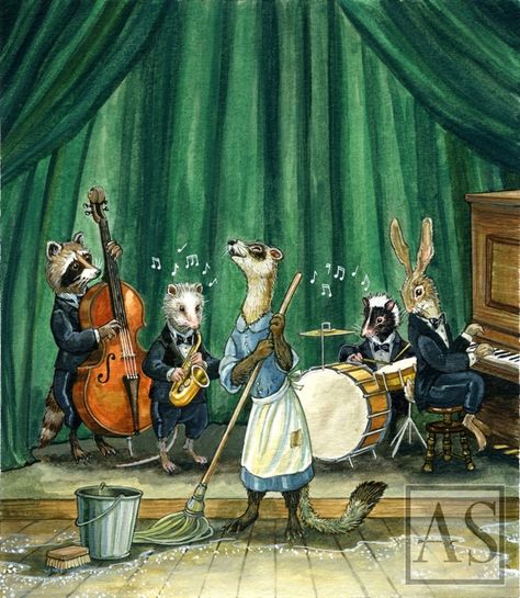 Astrid Sheckels, Band Illustration, Astrid Sheckels Art, Animal Music, Animals With Instruments Drawing, Animal Marching Band Illustration, Cat Playing Instrument Drawing, Musical Animals Illustration, Animal Drawing Inspiration