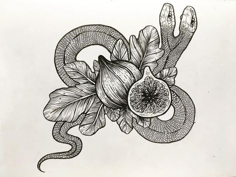 Adam And Eve Snake Tattoo, Snake And Ivy Tattoo, Snake And Fruit Tattoo, 2 Headed Snake, Fig Tattoo, Body Doodles, Ivy Tattoo, Mouth Tattoo, Fruit Tattoo